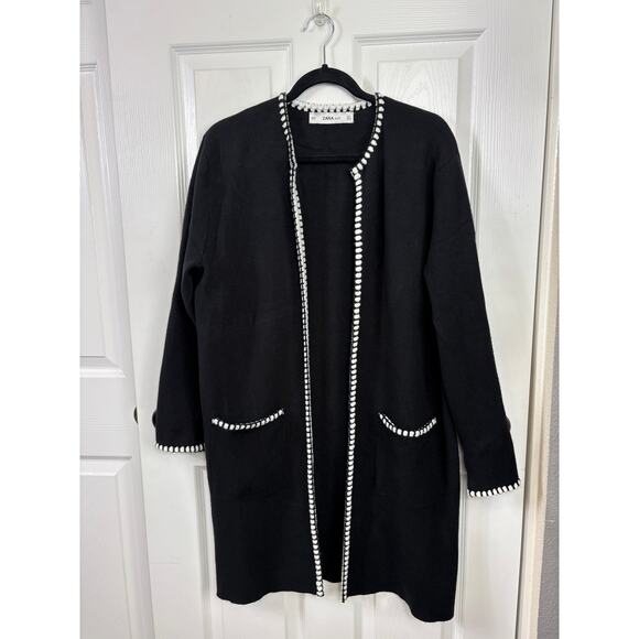 Zara Knit Black Open Cardigan Size L White Trim Sweater Long Line - Picture 1 of 5